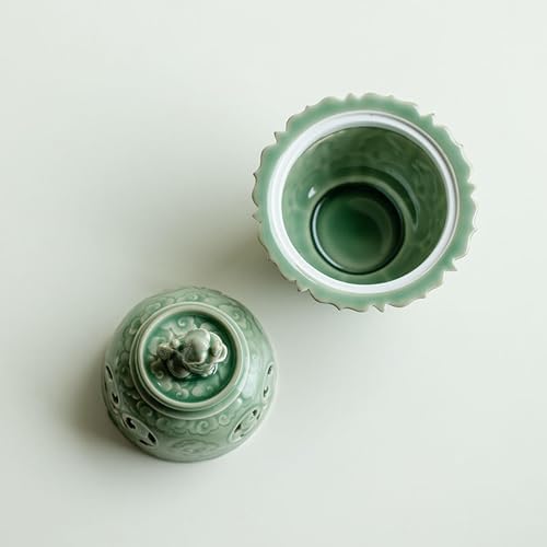 Zen-Style Celadon Incense Burner with Lion Sculpture
