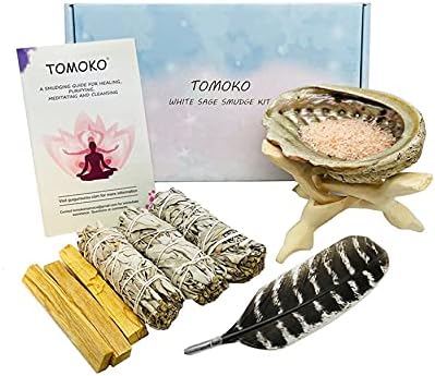 White Sage Smudge Kit - 3 Bundles 3 Palo Santo Abalone Shell Wooden Stand Feather Smudging Guide