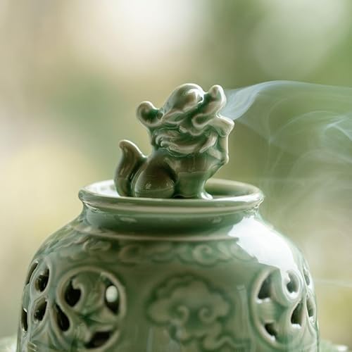 Zen-Style Celadon Incense Burner with Lion Sculpture