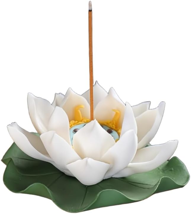 White Ceramic Lotus Incense Holder with Leaf Tray