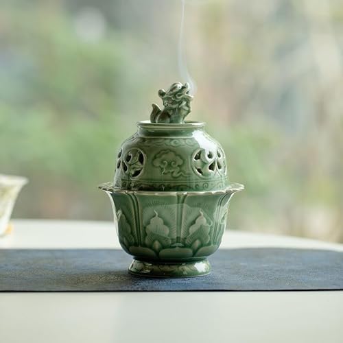 Zen-Style Celadon Incense Burner with Lion Sculpture
