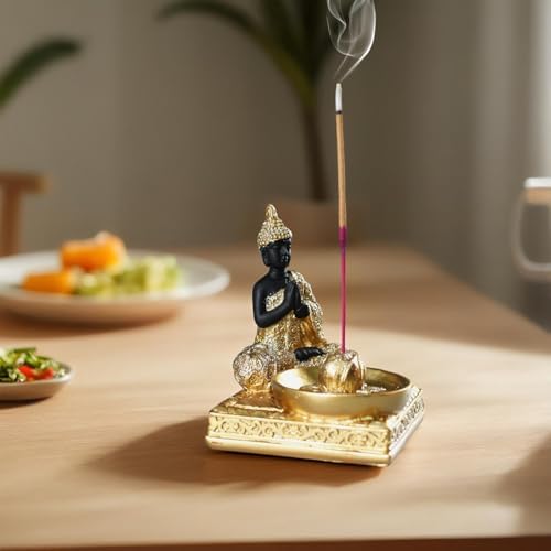 Resin Buddha Incense Holder Statue - Zen Meditation Desk Altar Decor Gold