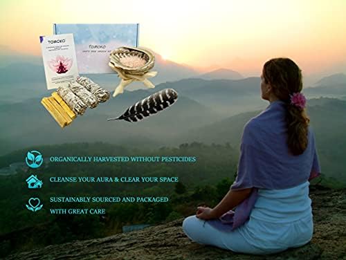 White Sage Smudge Kit - 3 Bundles 3 Palo Santo Abalone Shell Wooden Stand Feather Smudging Guide