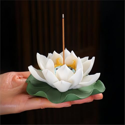 White Ceramic Lotus Incense Holder with Leaf Tray