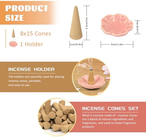 120 Pack Incense Cones with Holder 8 Scents Assorted