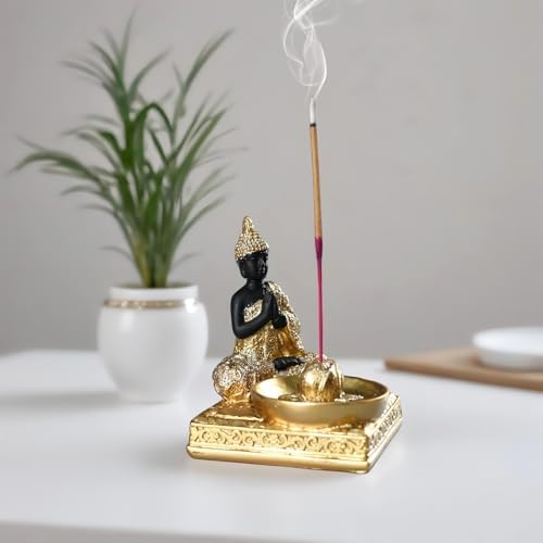 Resin Buddha Incense Holder Statue - Zen Meditation Desk Altar Decor Gold