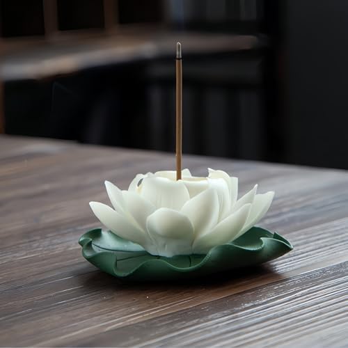 White Ceramic Lotus Incense Holder with Leaf Tray