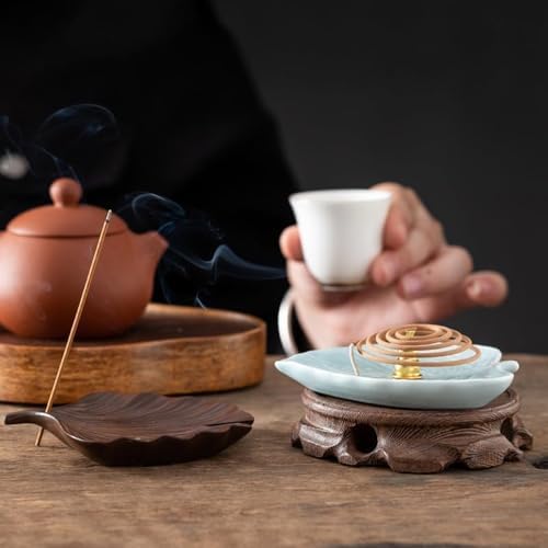2-Style Ceramic Incense Burner with Ash Catcher and Stand Bodhi Ginkgo Leaf Decor