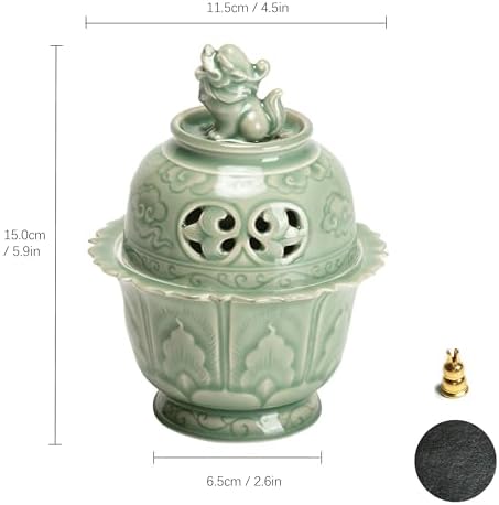 Zen-Style Celadon Incense Burner with Lion Sculpture