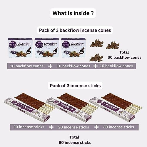 Lavender Incense Sticks Backflow Cones Combo Pack - 60 Sticks 30 Cones