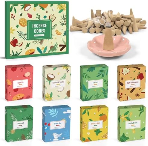120 Pack Incense Cones with Holder 8 Scents Assorted