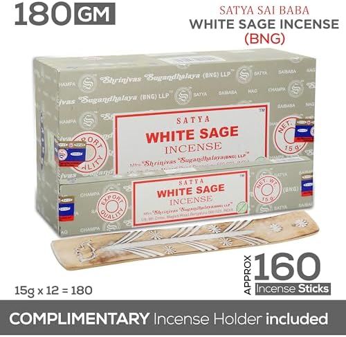 Satya Nag Champa White Sage Incense Sticks 15g 12 Pack with Holder Bundle