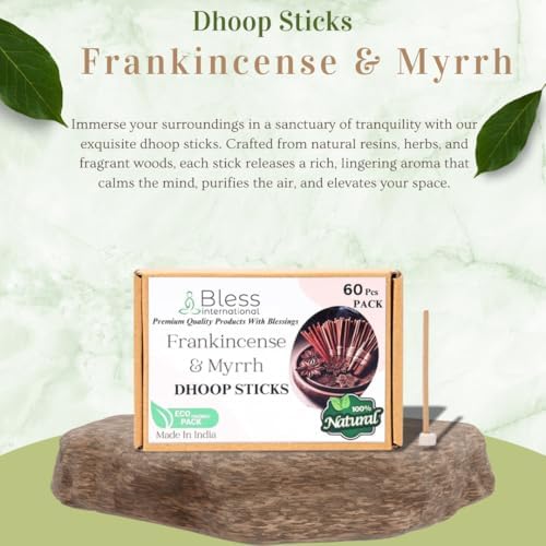 Bless International Frankincense and Myrrh Dhoop Sticks 60 Count Organic Natural Bambooless