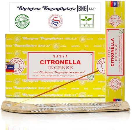 Satya Citronella Incense Sticks 15gmx12 Pack with Raajsee Holder