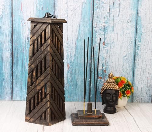 Hand Carved Wooden Incense Cone Black Tower Burner Stand