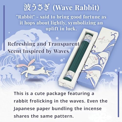 Hasegawa Incense Sticks - Prosperity Leap Fresh Sea Breeze with Artful Wave-Hopping Rabbit Design Washi Wrap Packaging