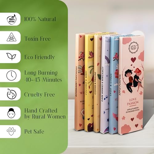 Raajsee Natural Incense Sticks Variety Pack - 120 Sticks 6 Scents Organic Non Toxic Boho Gift Set