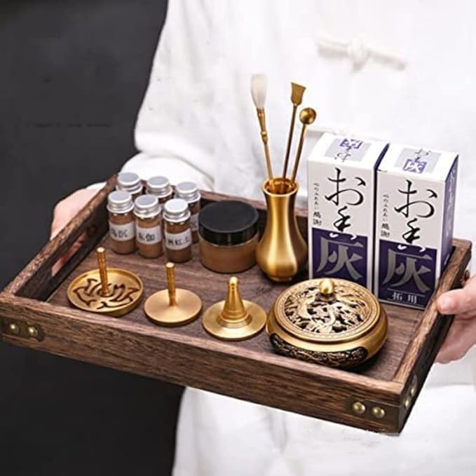 Three-Sided Carved Brass Incense Burner Kit with Stick Holder
