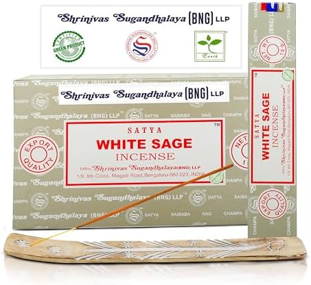 Satya Nag Champa White Sage Incense Sticks 15g 12 Pack with Holder Bundle