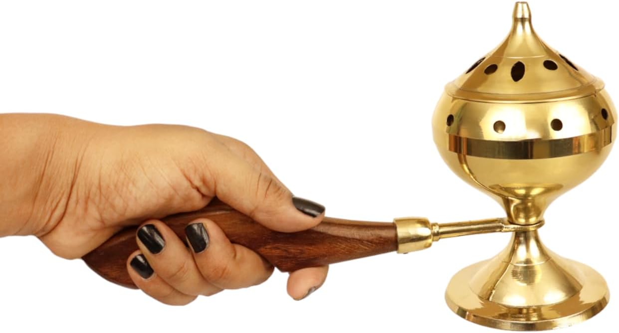 Spillbox Traditional Brass Loban Daan with Wooden Handle