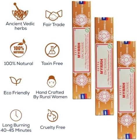 Satya Myrrh Incense Sticks 15gmx12 Pack with Raajsee Holder