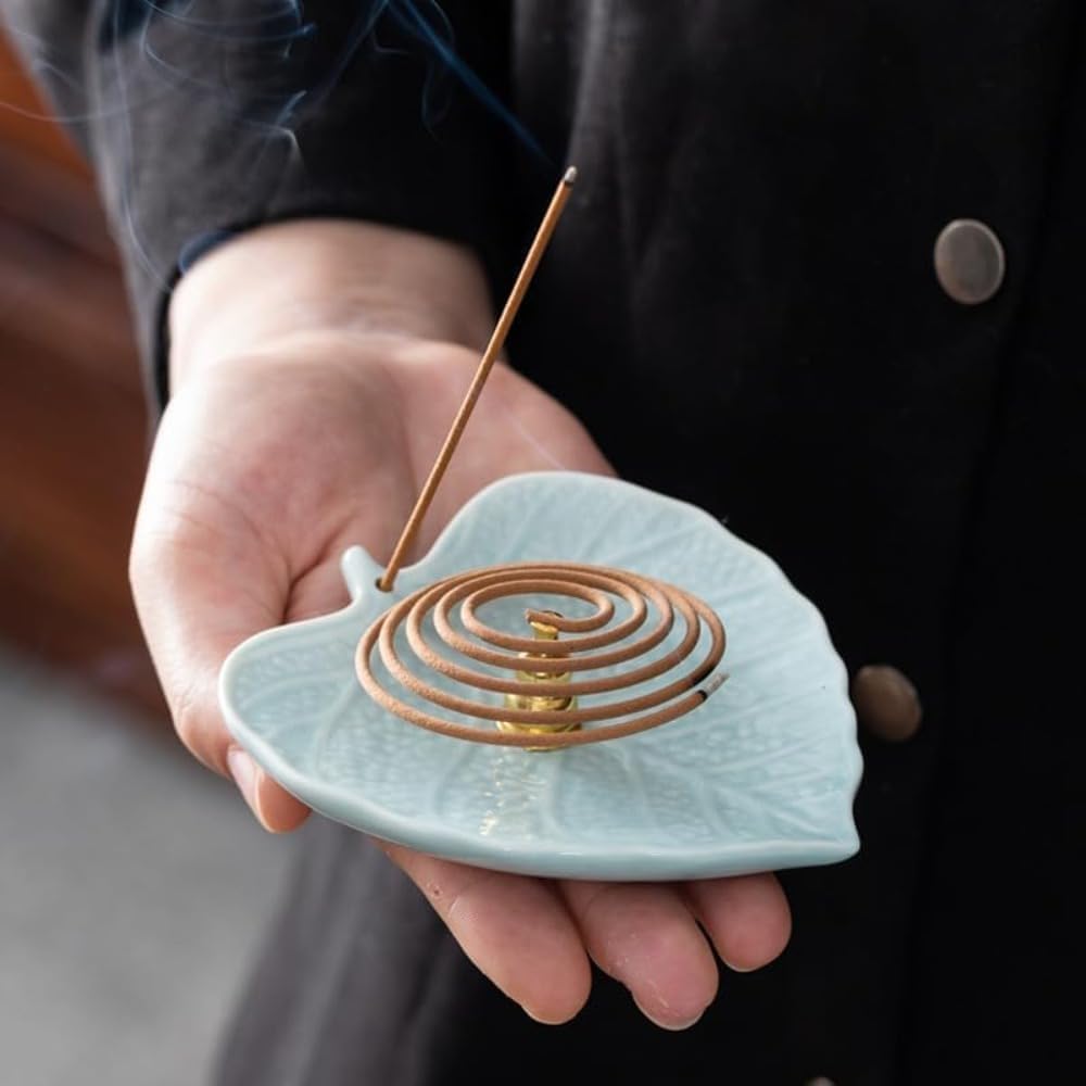2-Style Ceramic Incense Burner with Ash Catcher and Stand Bodhi Ginkgo Leaf Decor