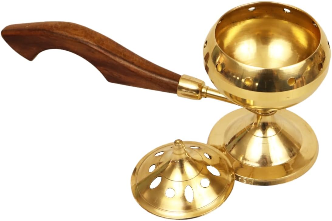 Spillbox Traditional Brass Loban Daan with Wooden Handle