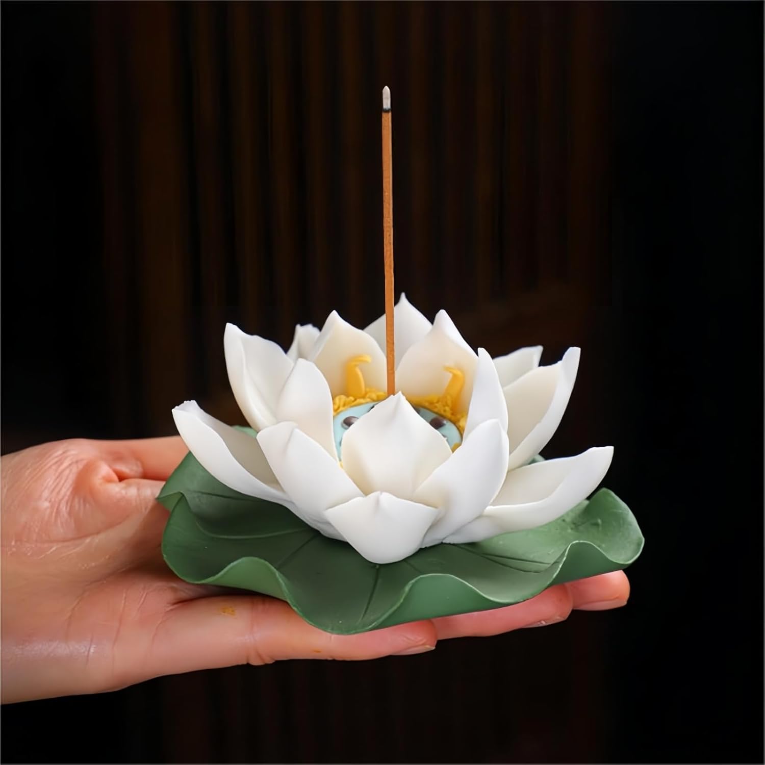 White Ceramic Lotus Incense Holder with Leaf Tray