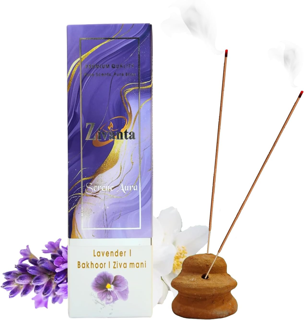 Serene Aura Incense Sticks with 3 Fragrances Lavender Bakhoor Zivamani 9 Inch Eco-Friendly Agarbatti