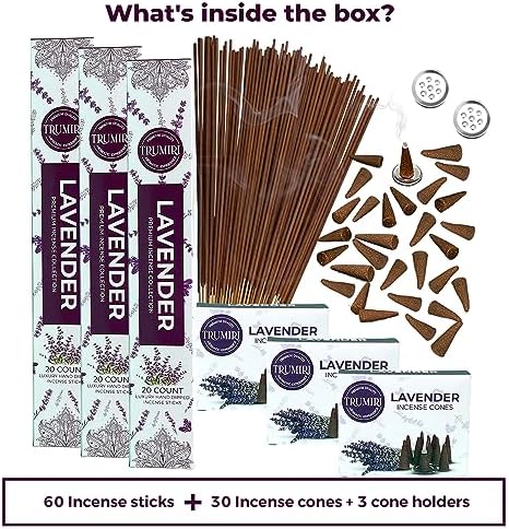 Lavender Incense Sticks Cones Combo Pack - 60 Sticks 30 Cones