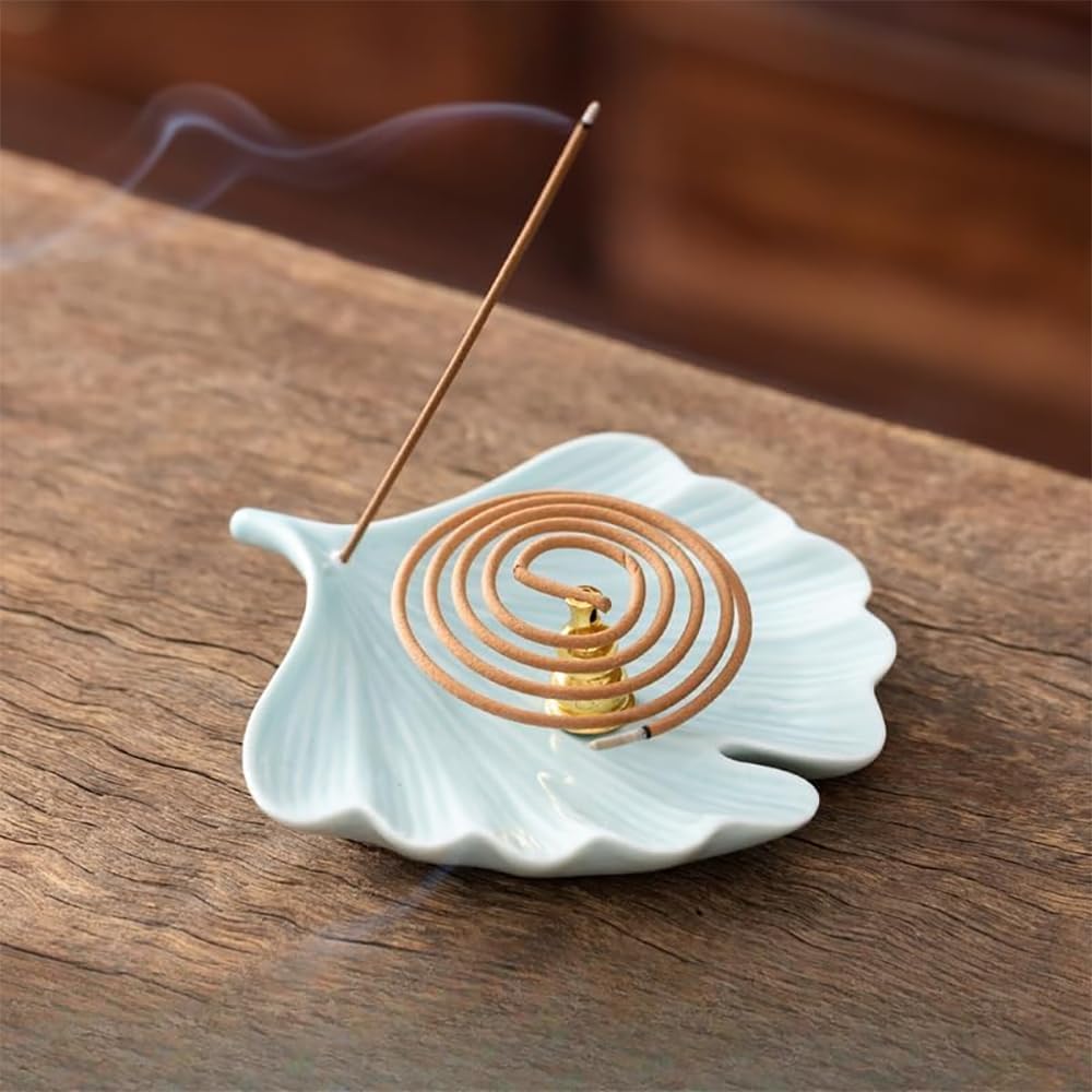 2-Style Ceramic Incense Burner with Ash Catcher and Stand Bodhi Ginkgo Leaf Decor