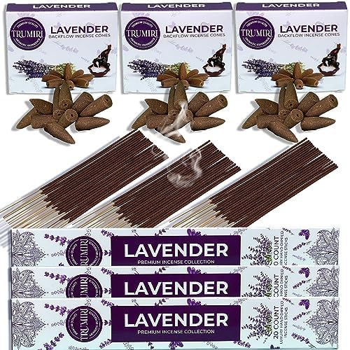 Lavender Incense Sticks Backflow Cones Combo Pack - 60 Sticks 30 Cones