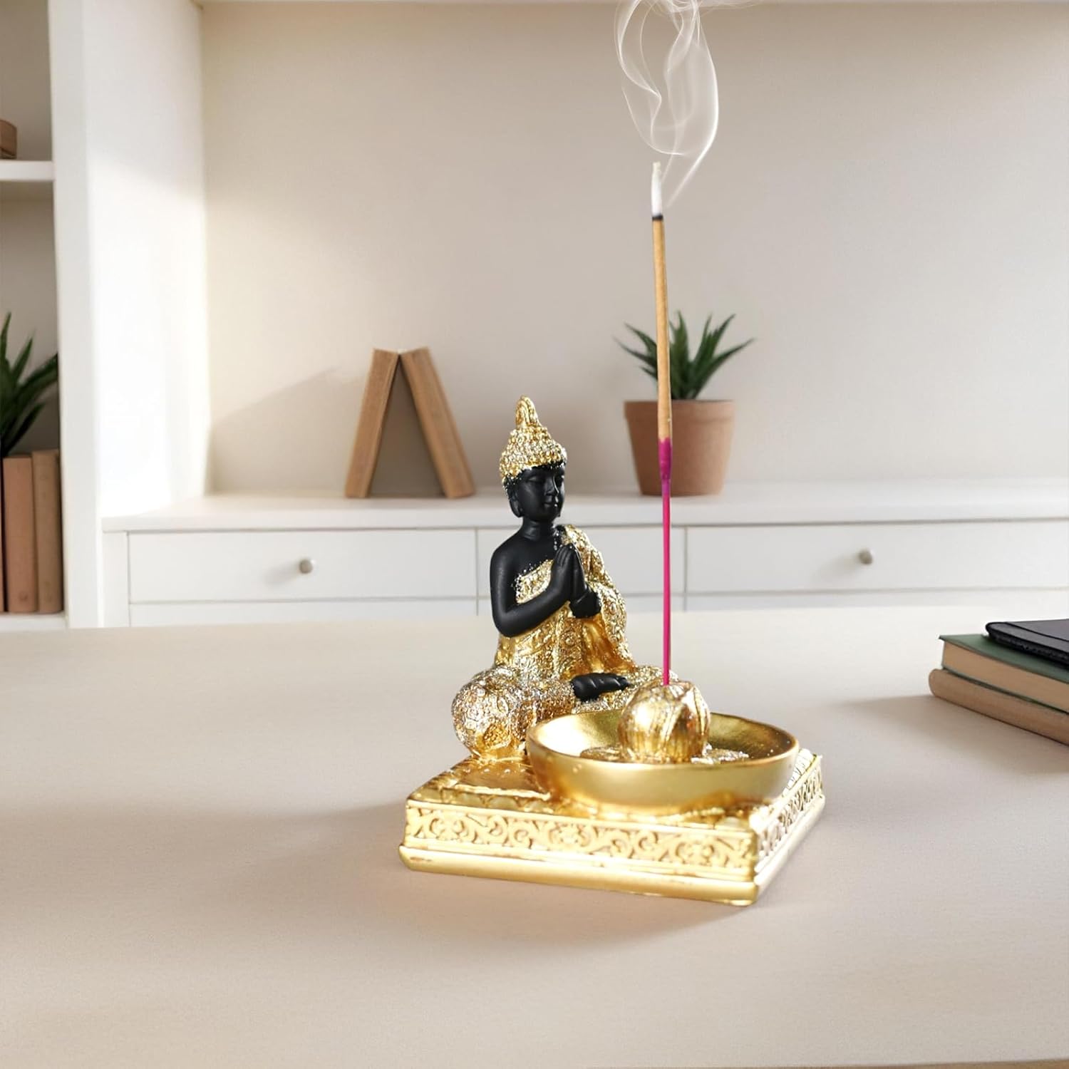Resin Buddha Incense Holder Statue - Zen Meditation Desk Altar Decor Gold