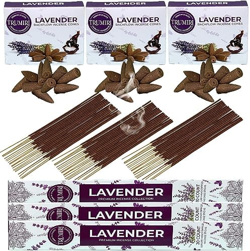 Lavender Incense Sticks Backflow Cones Combo Pack - 60 Sticks 30 Cones