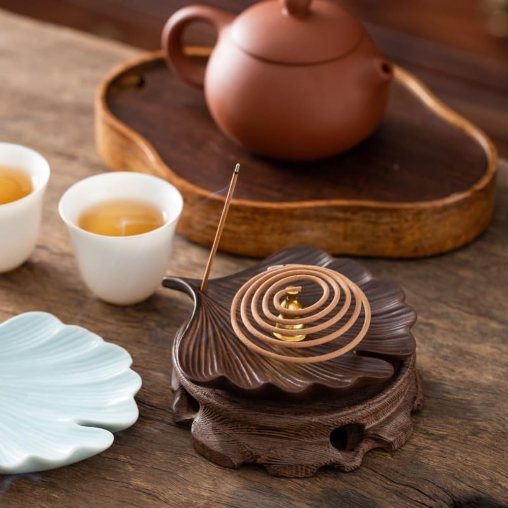 2-Style Ceramic Incense Burner with Ash Catcher and Stand Bodhi Ginkgo Leaf Decor