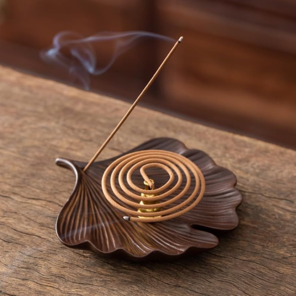 2-Style Ceramic Incense Burner with Ash Catcher and Stand Bodhi Ginkgo Leaf Decor