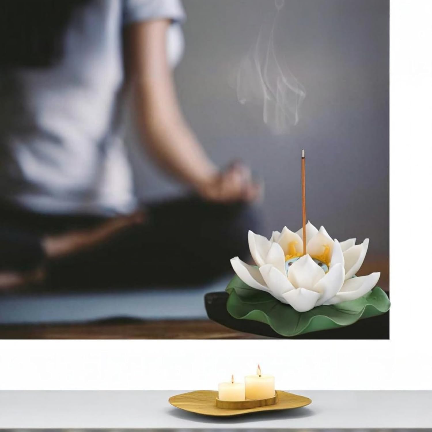 White Ceramic Lotus Incense Holder with Leaf Tray