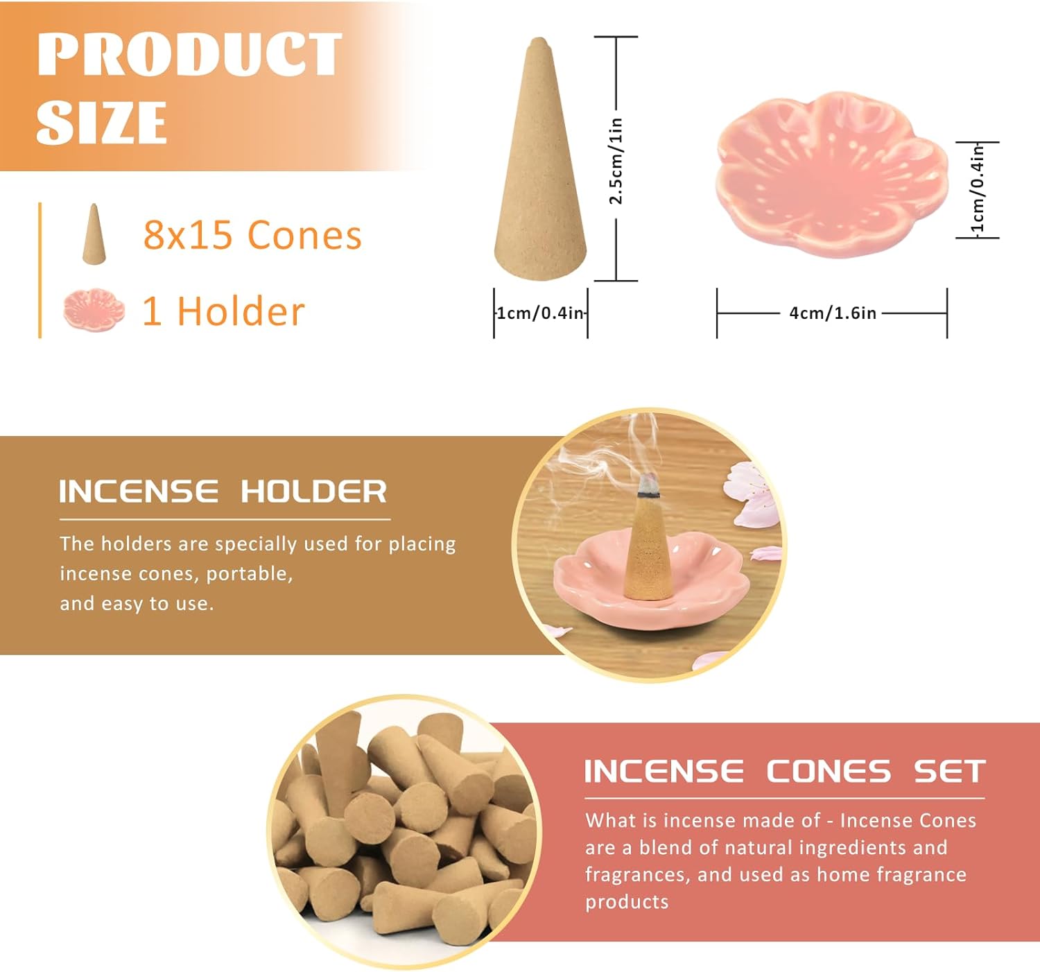 120 Pack Incense Cones with Holder 8 Scents Assorted
