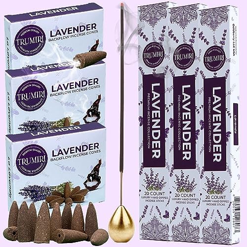 Lavender Incense Sticks Backflow Cones Combo Pack - 60 Sticks 30 Cones