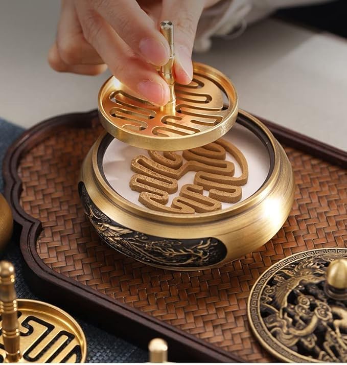 Three-Sided Carved Brass Incense Burner Kit with Stick Holder
