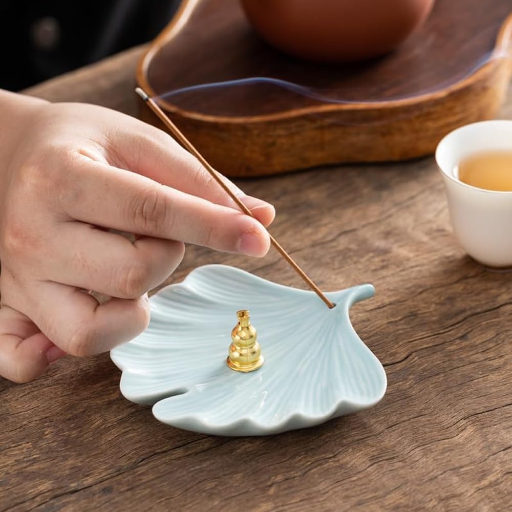 2-Style Ceramic Incense Burner with Ash Catcher and Stand Bodhi Ginkgo Leaf Decor