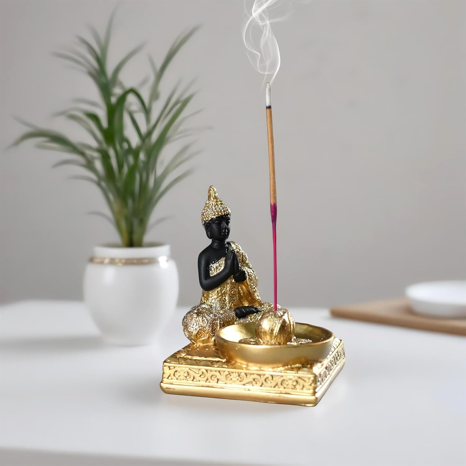 Resin Buddha Incense Holder Statue - Zen Meditation Desk Altar Decor Gold