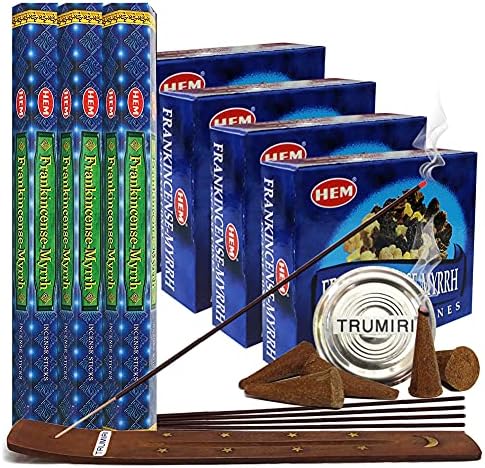 TRUMIRI Frankincense Myrrh Incense Sticks and Cone Holder Bundle