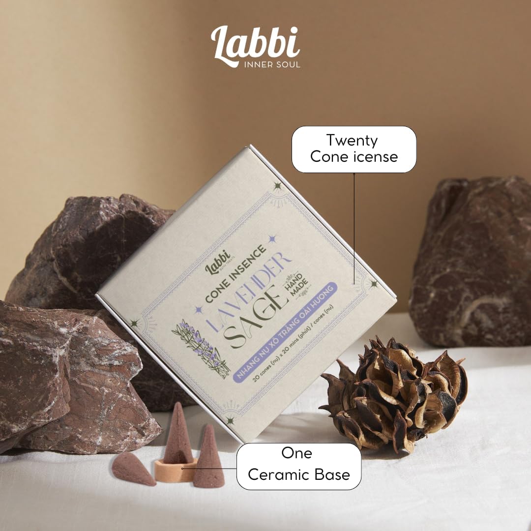 LABBI Natural Incense Cones - 20 Lavender Sage Fragrance for Relaxation and Meditation