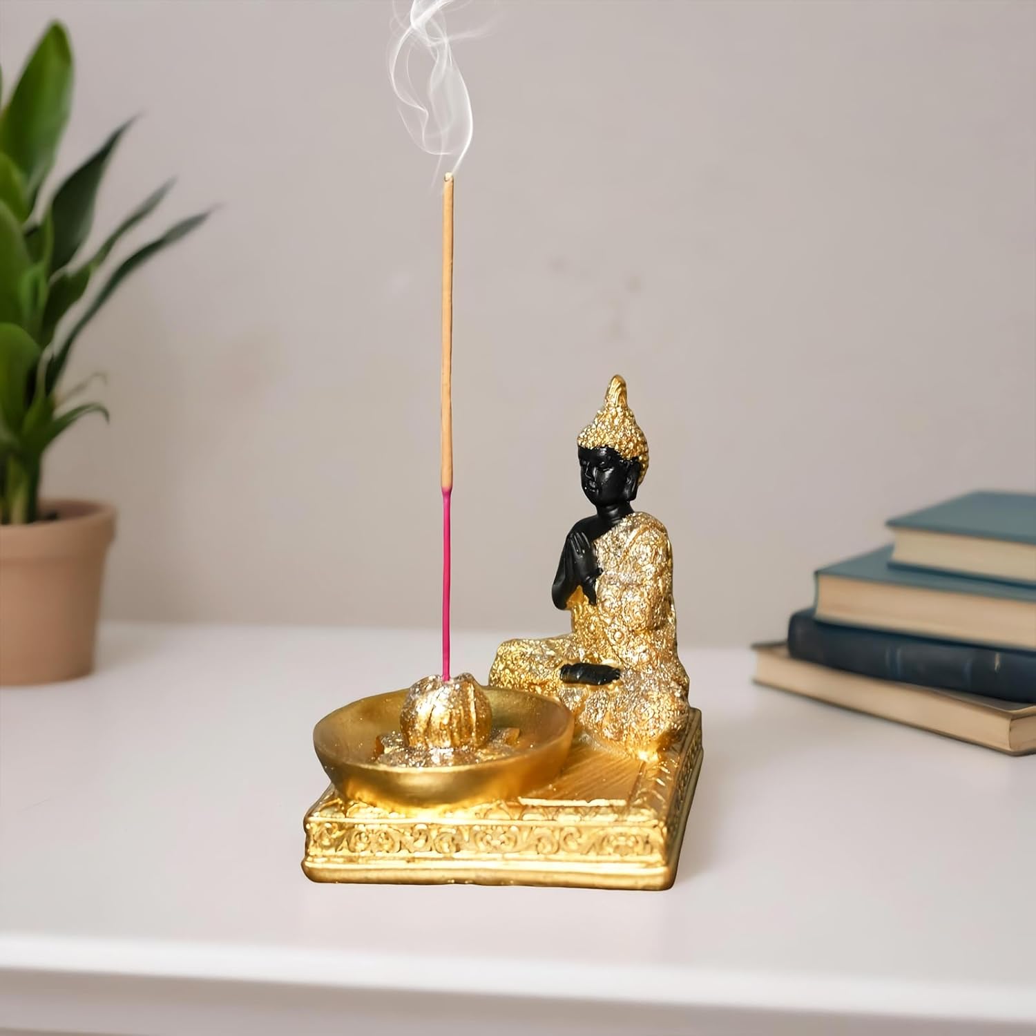 Resin Buddha Incense Holder Statue - Zen Meditation Desk Altar Decor Gold