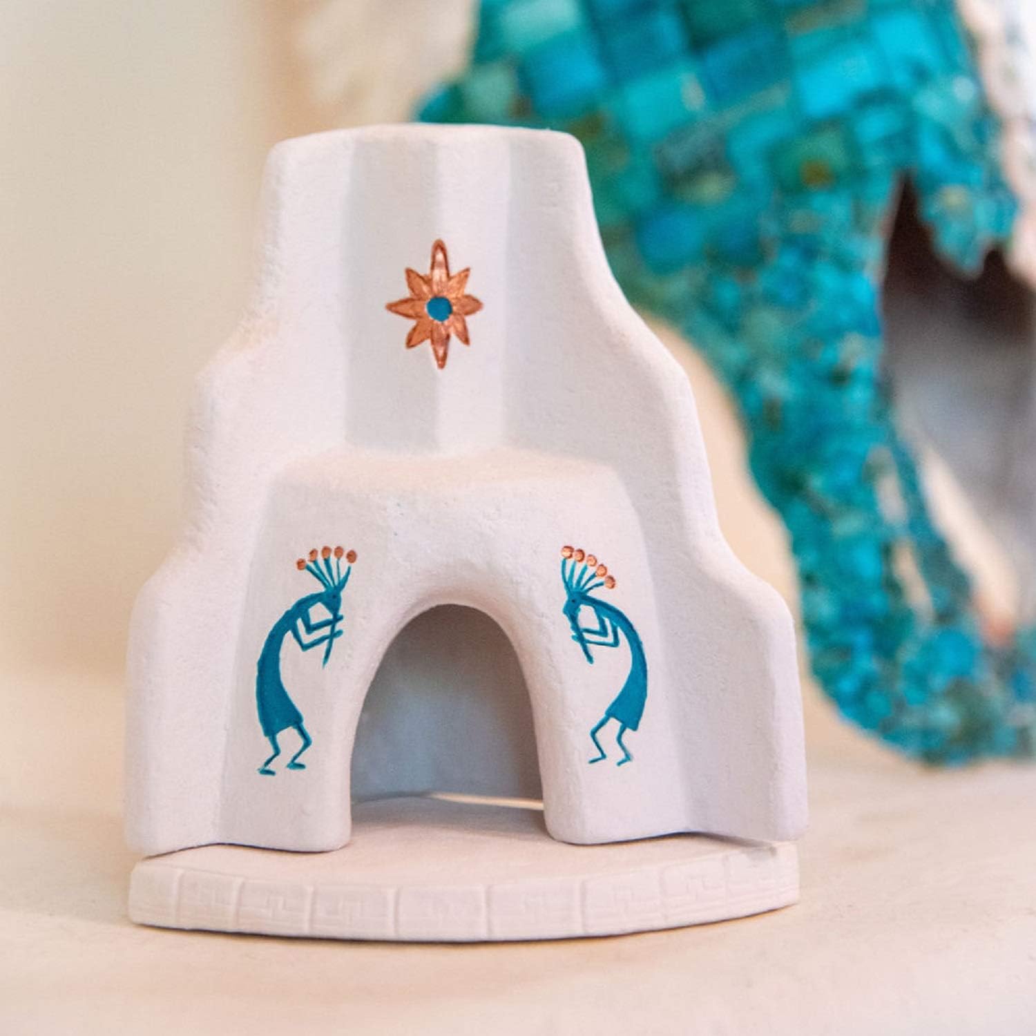 White Southwest Corner Fireplace with Kokopelli Design - Natural Wood Incense Burner