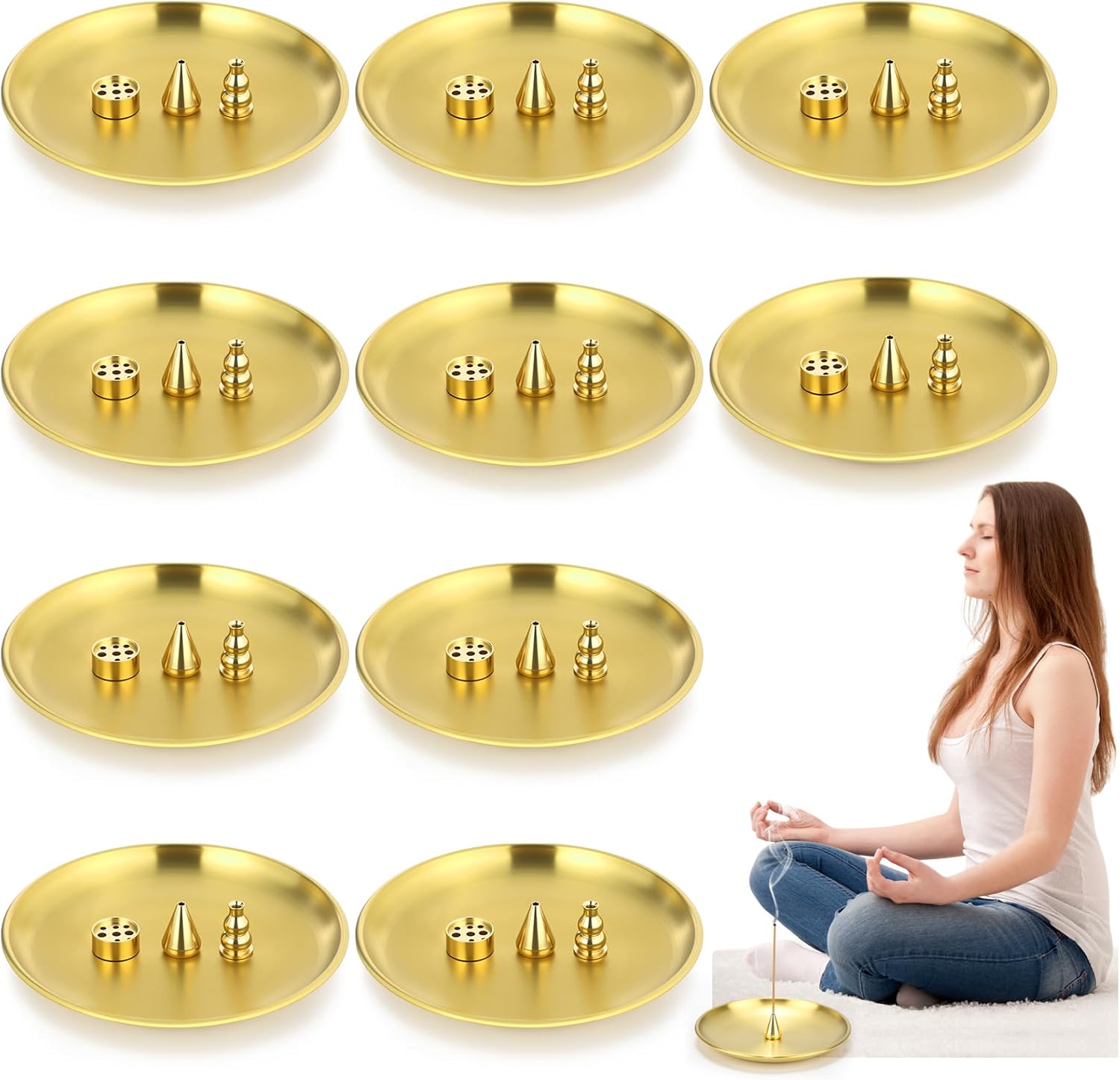 Baderke 4 in 1 Incense Burner Set 12 Pieces Brass Holder for Sticks Coils Cones and Ash Catcher