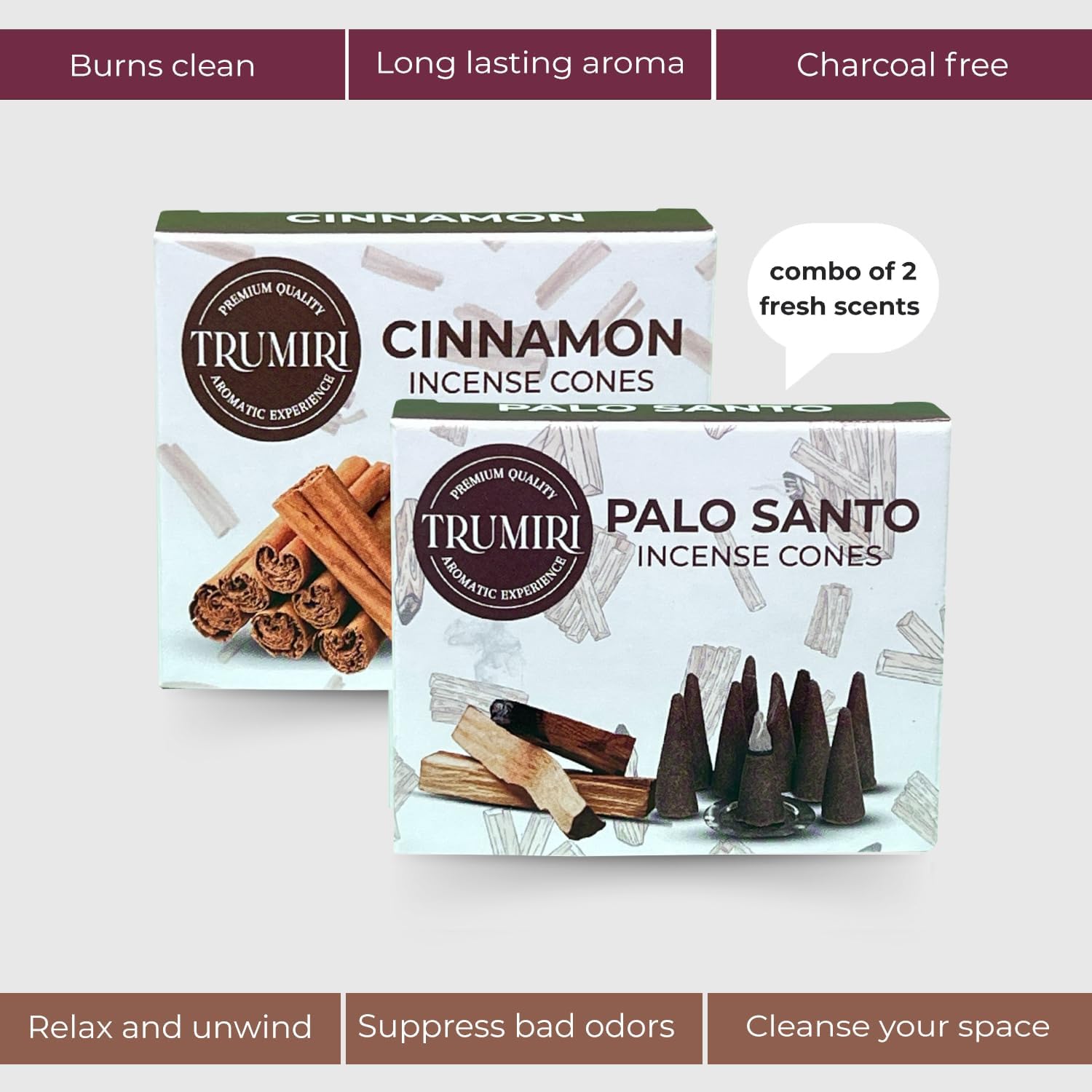 TRUMIRI Palo Santo Cinnamon Incense Cone Combo Pack - 10 Each