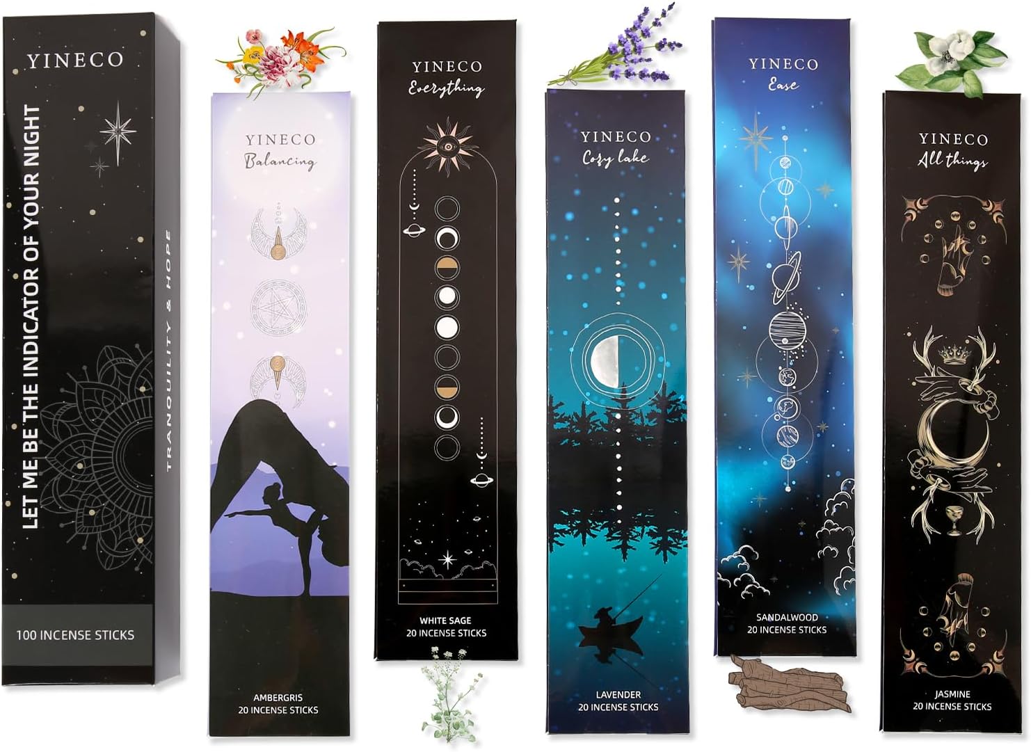 YINECO Incense Sticks Set of 100 6 Scents Black Packaging