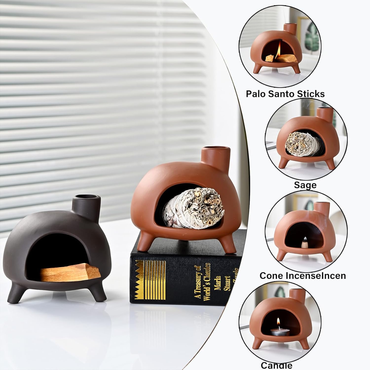 Handmade Ceramic Palo Santo Holder Burner - Mini Chimenea Incense Dish for Aromatherapy and Home Decor